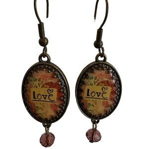 Vintage Victorian glass earrings live pierced bronze metal pink yellow